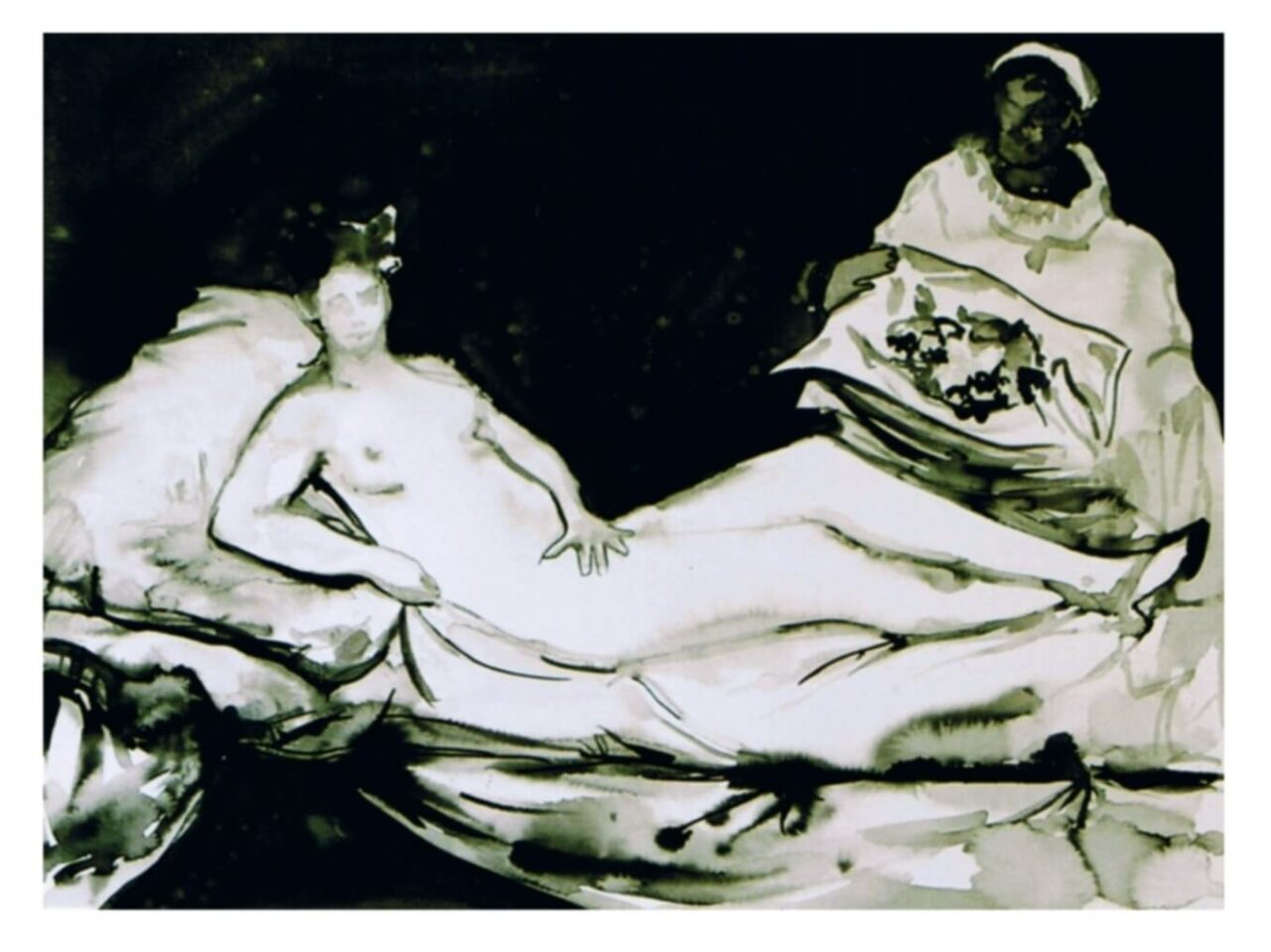 Olympia d'après Manet, encre de Chine sur papier mouillé, 50cm x 70cm, 2005.