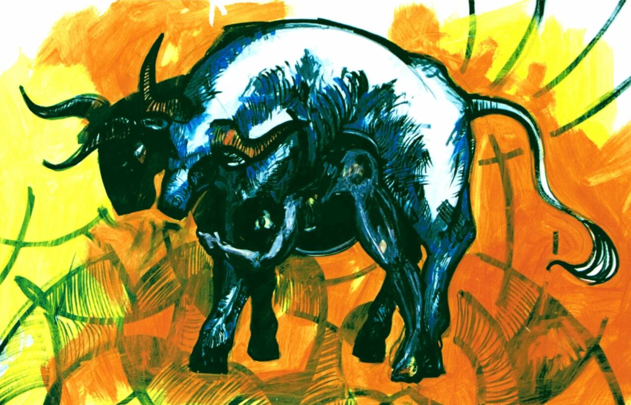 L'accouplement de Pasiphaé et du taureau, acrylique sur papier, 50cm x 85cm, 2001.